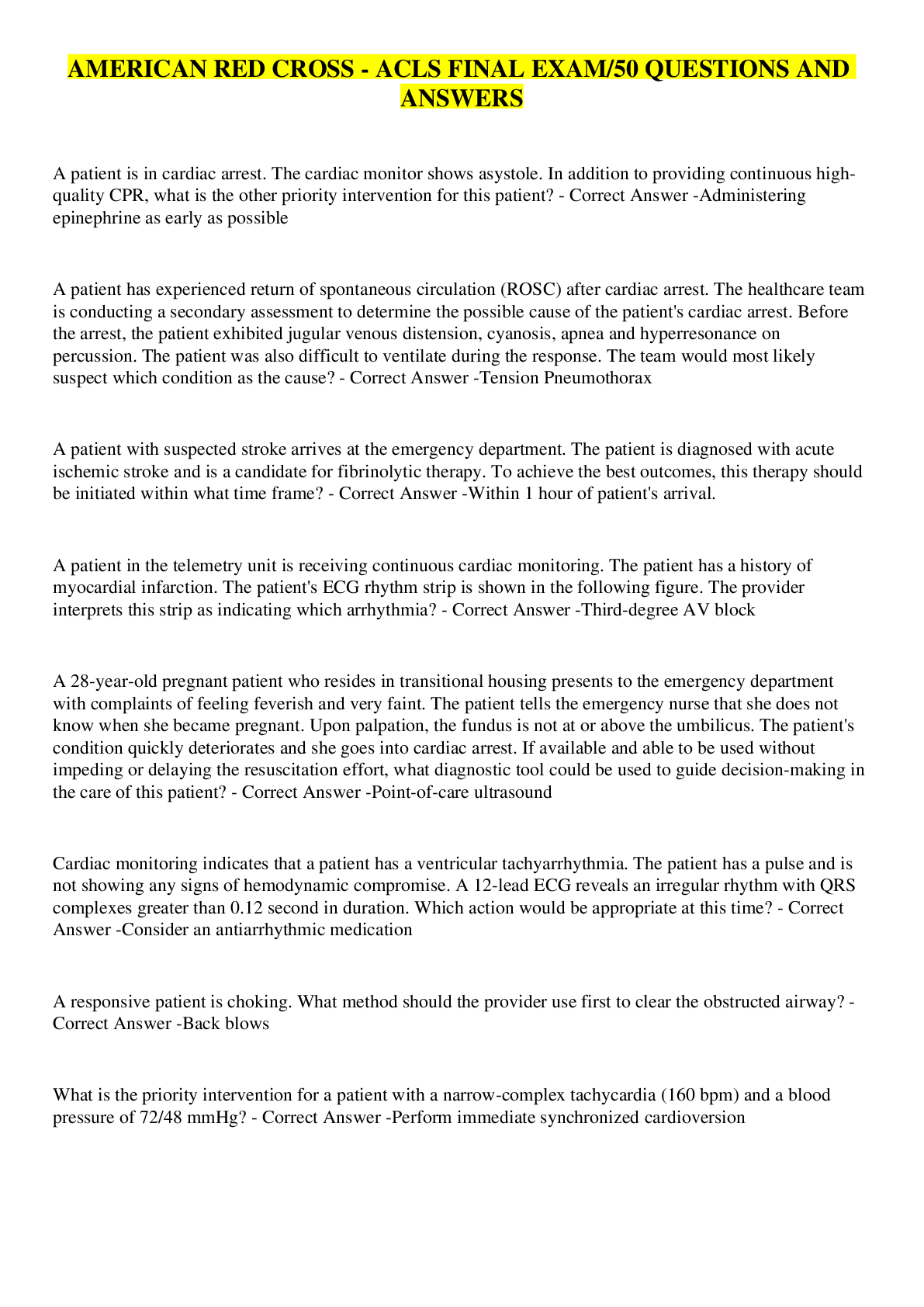 Preview image for AMERICAN RED CROSS - ACLS FINAL EXAM/50 QUESTIONS AND ANSWERS